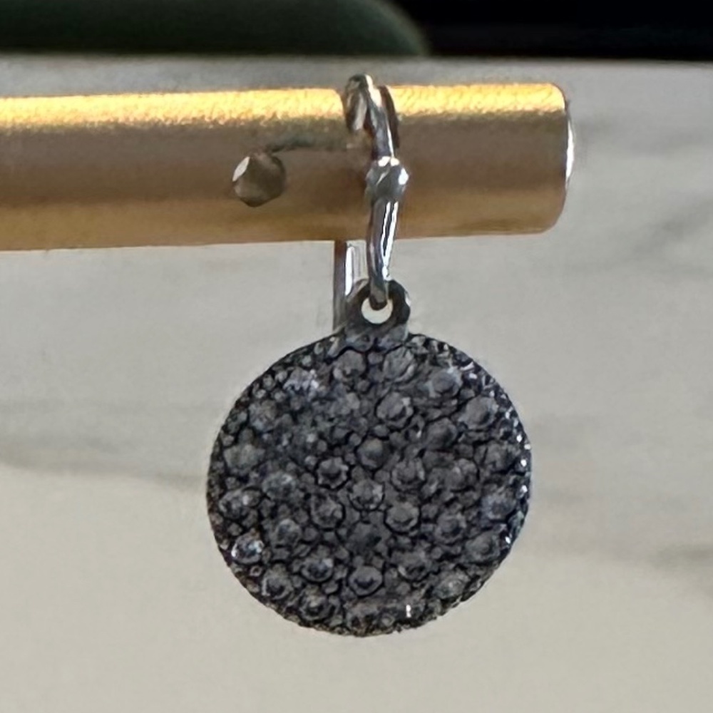 Silver Textured Disc Drop Earrings with Crystals - Picture 7 of 11